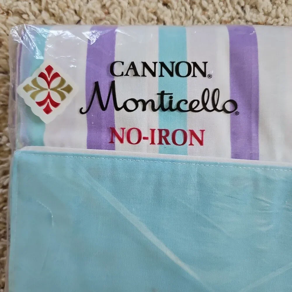 Cannon Monticello Aqua Blue Muslin Full Flat Sheet NEW Vtg MCM Purple Stripe